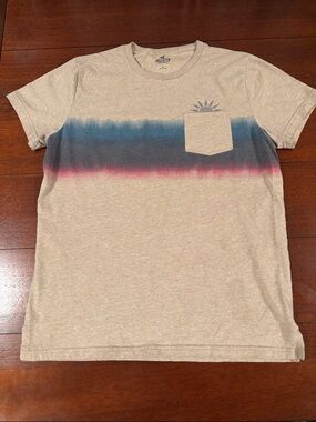 Hollister Beige Tee with Blue and Pink Chest Stripe Size L
